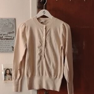 LOFT Cream Button-Front Puff Sleeve Sweater